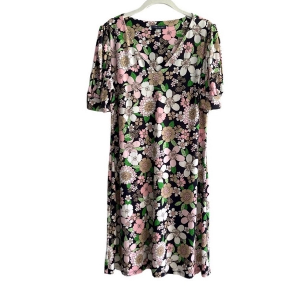 Tommy Hilfiger Short Sleeve Dress Floral V-neck Black Green Pink Tan Size 10 - Picture 3 of 10